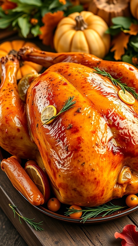 A golden roasted Thanksgiving turkey garnished with herbs and lemon, displayed on a wooden table with autumn decorations.